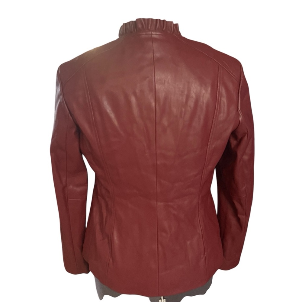 Cole Haan Red Vegan Leather Zip Jacket Ruffle Collar Sz L - Picture 2 of 9